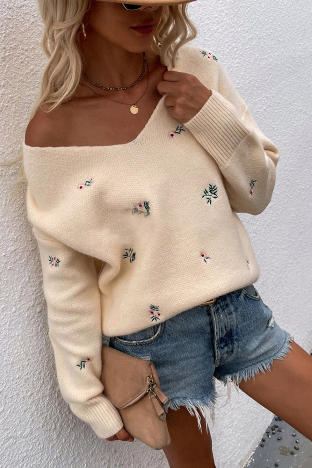 Printed V-Neck Loose Knit Sweater