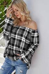 Off-the-shoulder Check Sweater