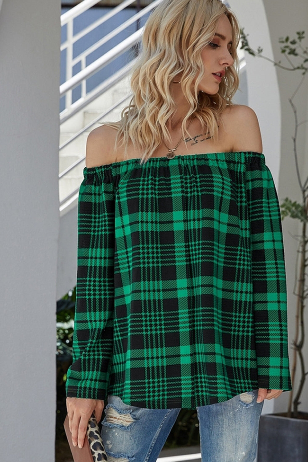 Off-the-shoulder Check Sweater