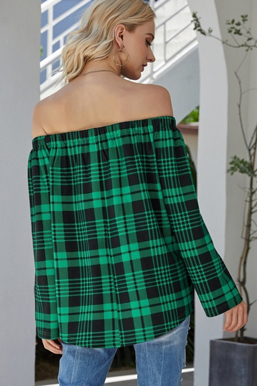 Off-the-shoulder Check Sweater