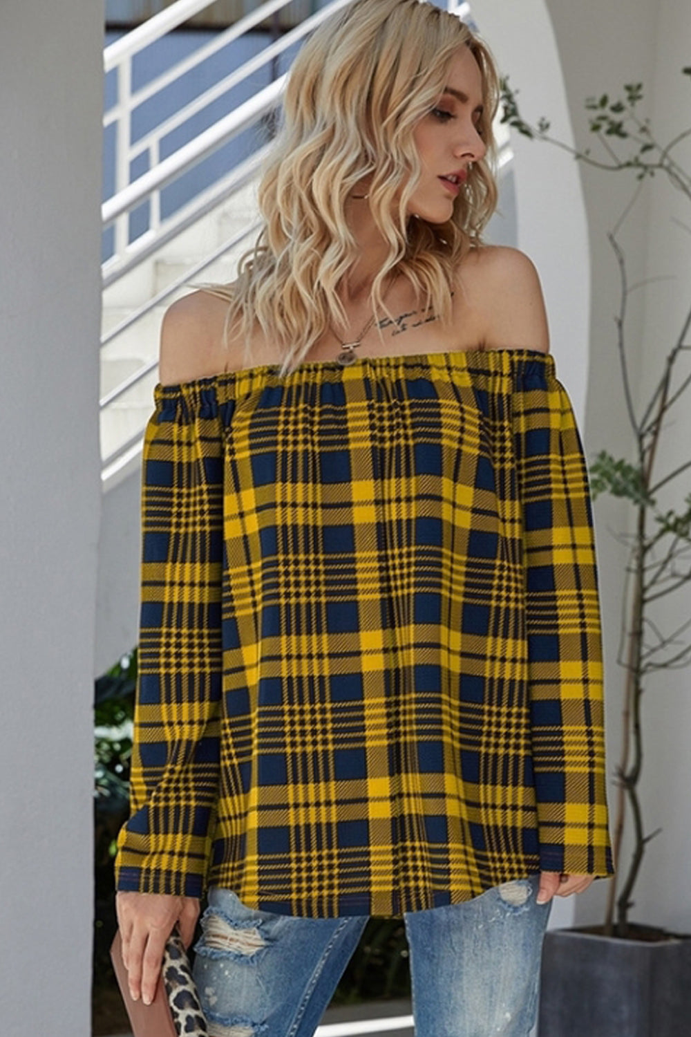 Off-the-shoulder Check Sweater