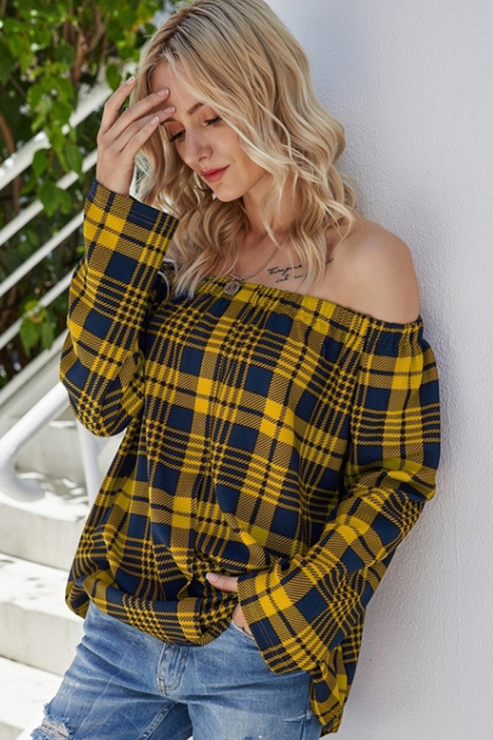 Off-the-shoulder Check Sweater