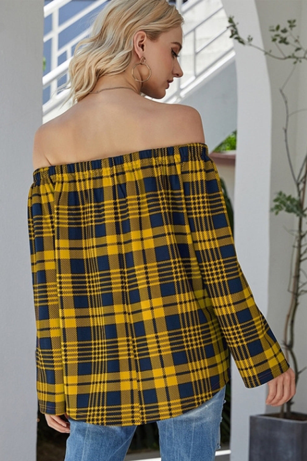 Off-the-shoulder Check Sweater