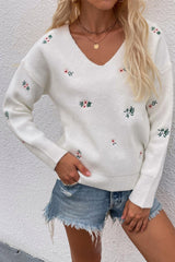 Printed V-Neck Loose Knit Sweater