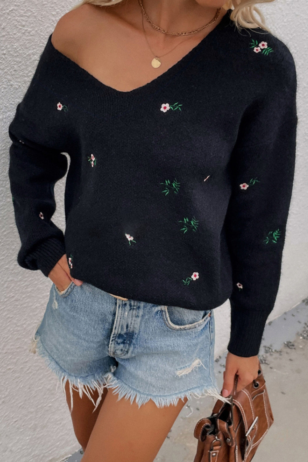 Printed V-Neck Loose Knit Sweater