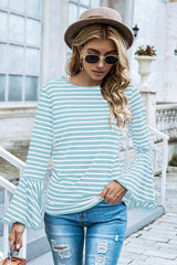 Round Neck Flared Sleeve Striped T-shirt