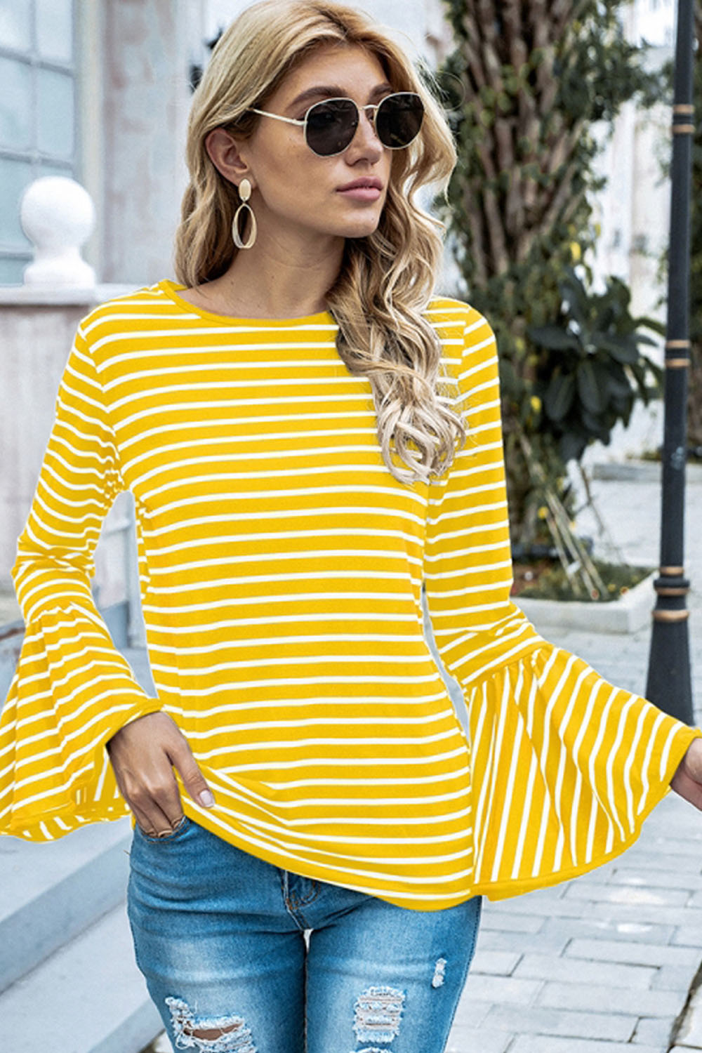 Round Neck Flared Sleeve Striped T-shirt