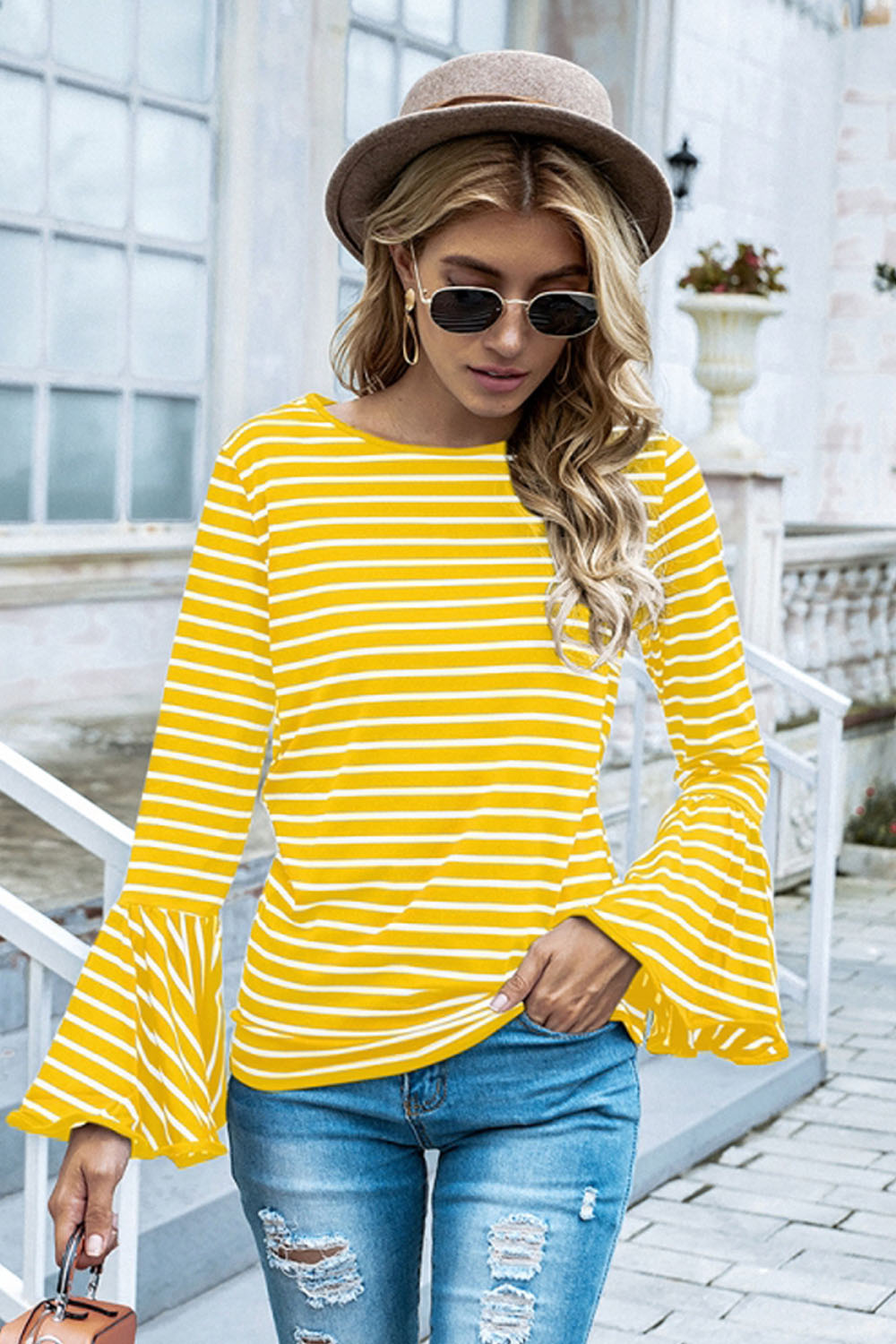 Round Neck Flared Sleeve Striped T-shirt