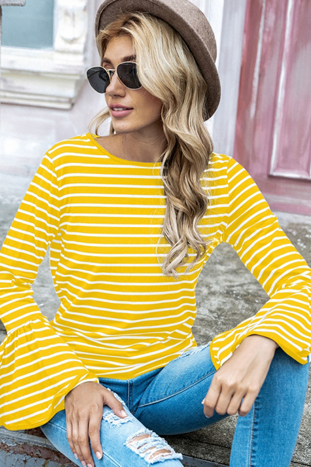 Round Neck Flared Sleeve Striped T-shirt