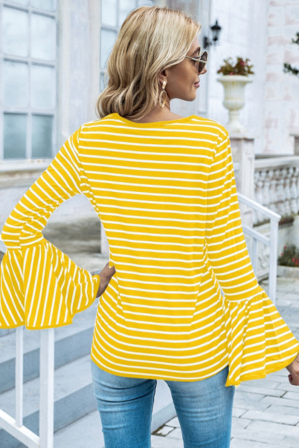 Round Neck Flared Sleeve Striped T-shirt