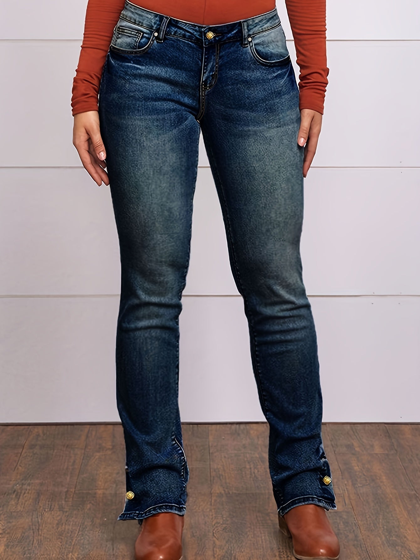 Button Side Split Embroidery Patch Pocket Bootcut Jeans