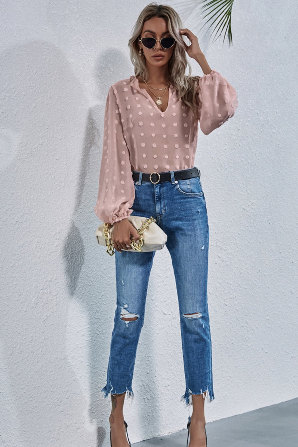 Loose V-neck Embroidered Shirt