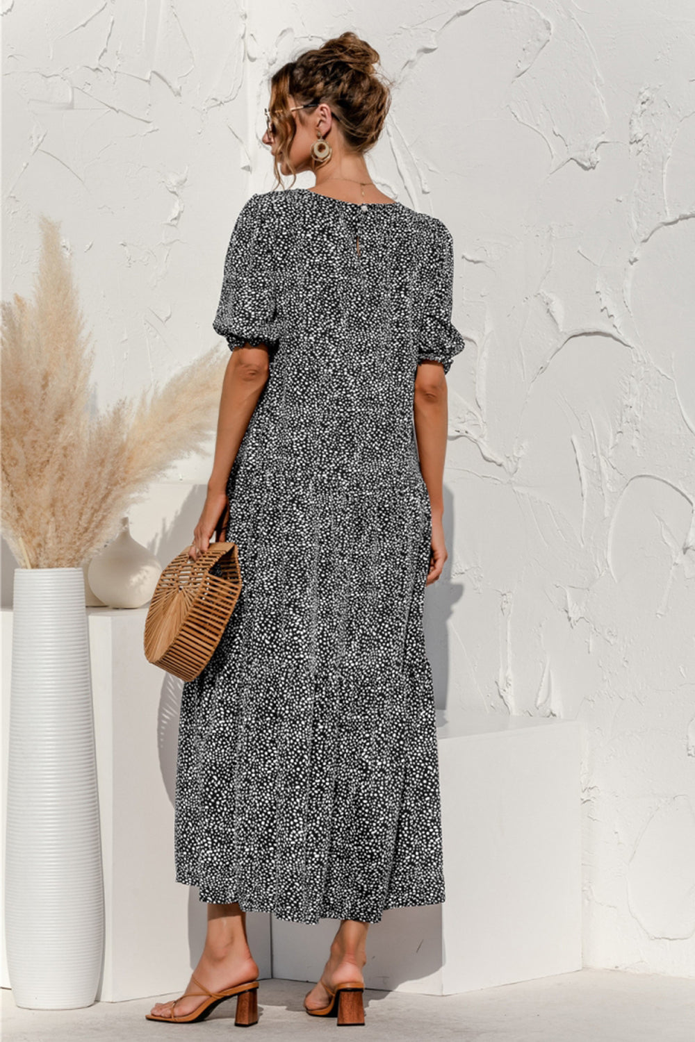 Puff Sleeve Polka Dot Plaid Patchwork Long Dress