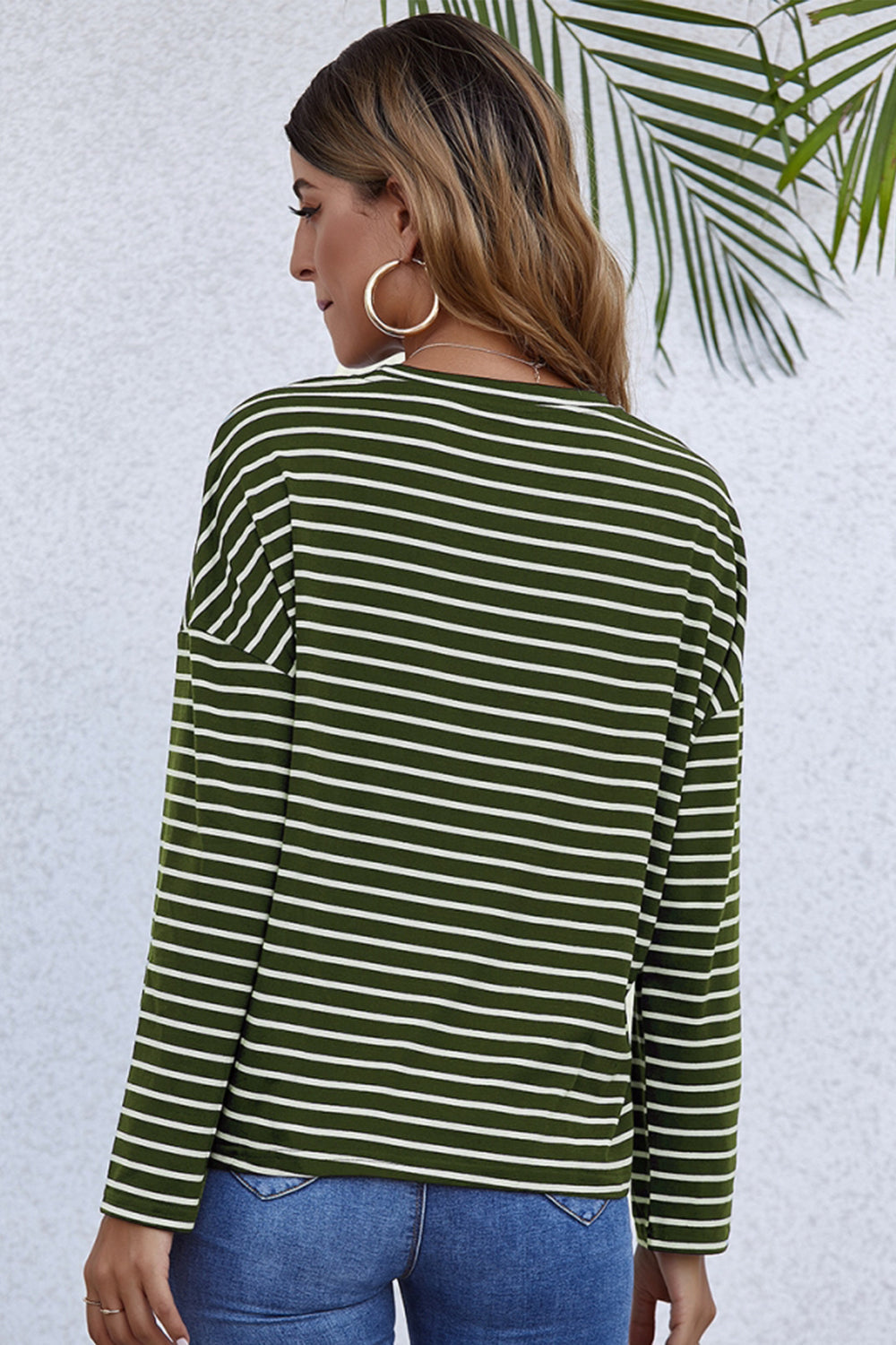 Long-Sleeve Loose Round Neck Striped T-shirt