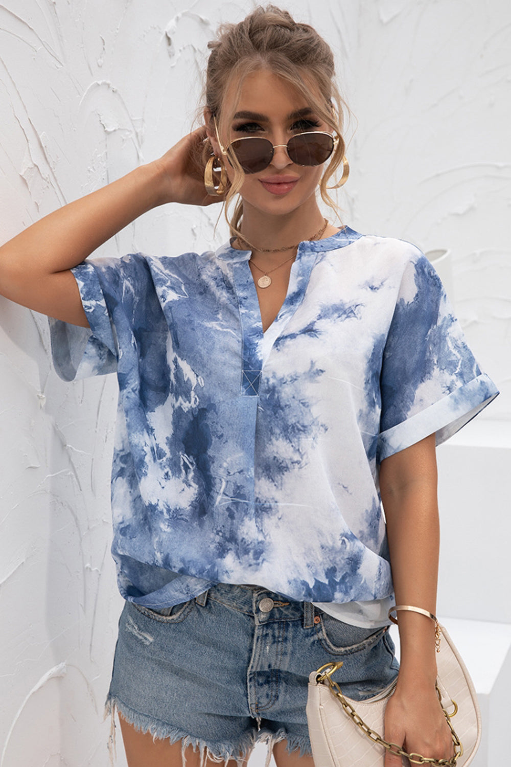 V-Neck Tie-Dye Print Chiffon Shirt