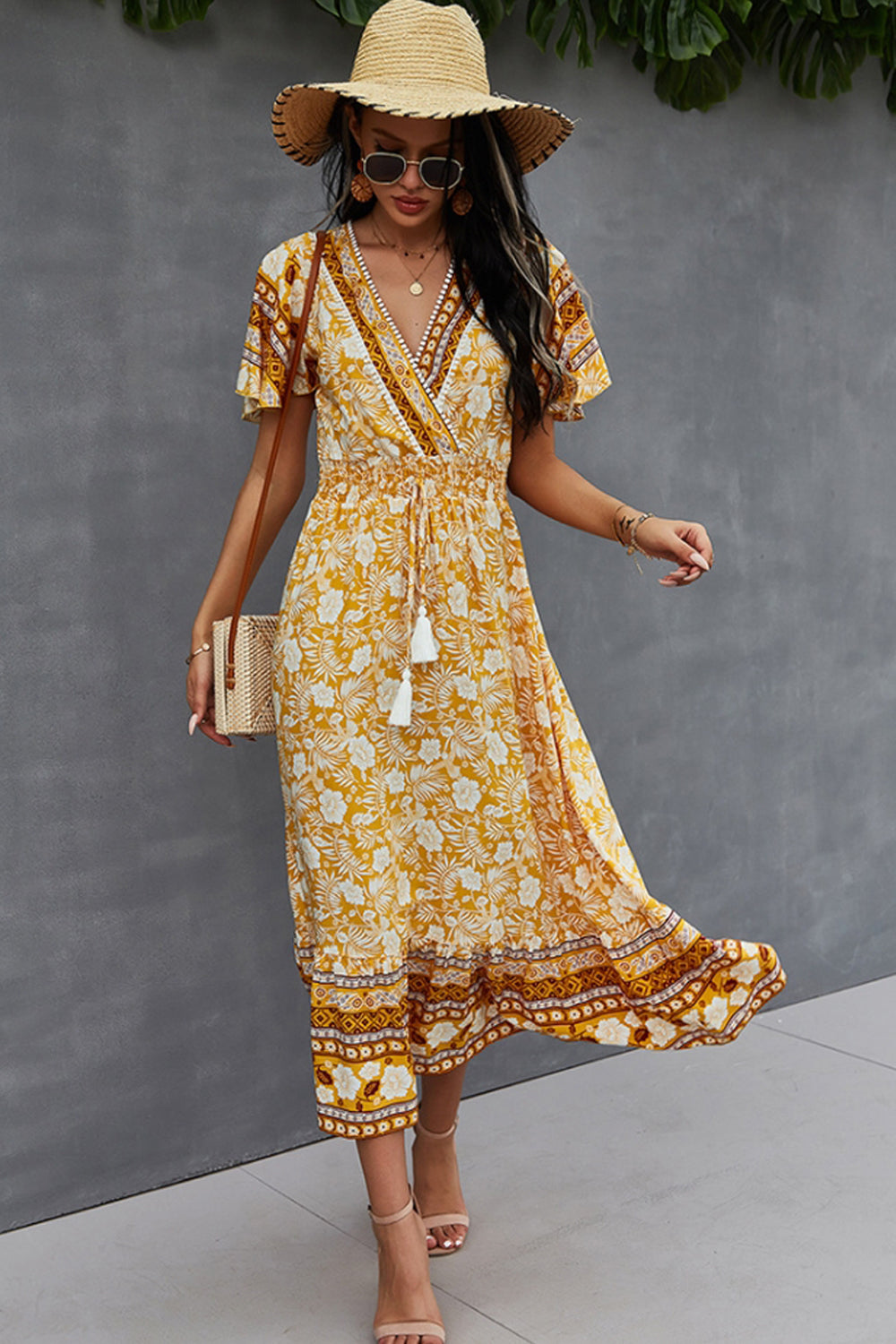 V-Neck Tie Bohemian Dress