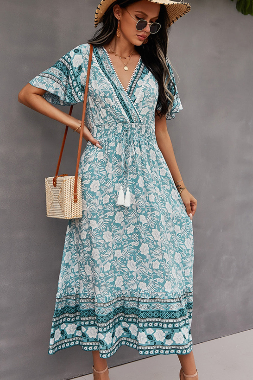 V-Neck Tie Bohemian Dress