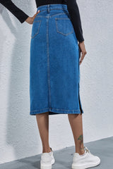 High Waist Denim Button Slit Skirt