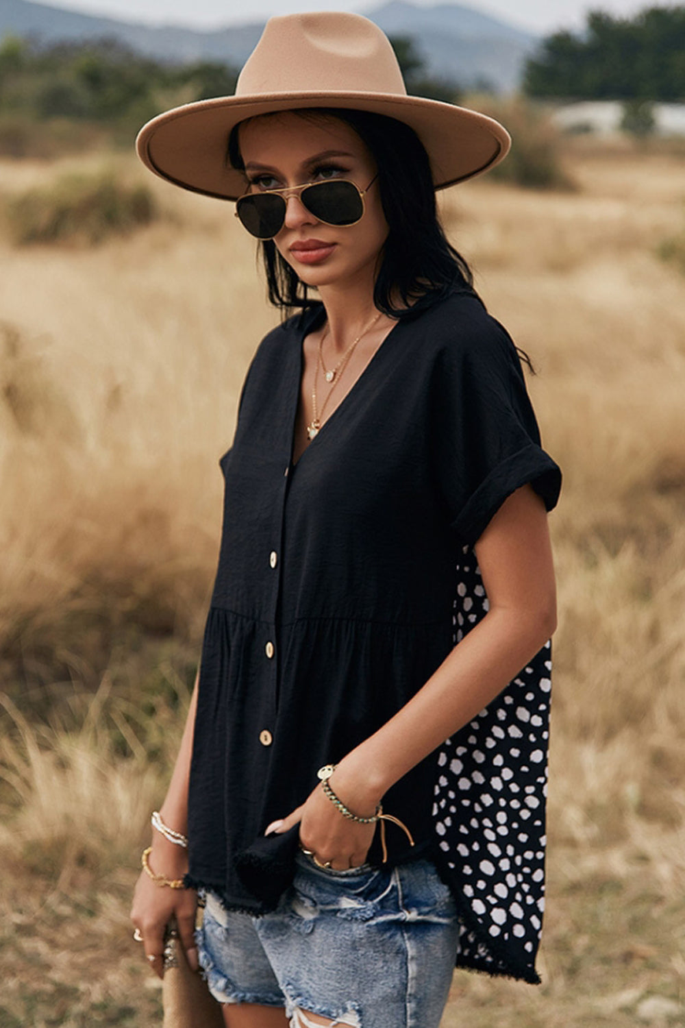 Short-Sleeved Leopard-Print Patchwork Shirt