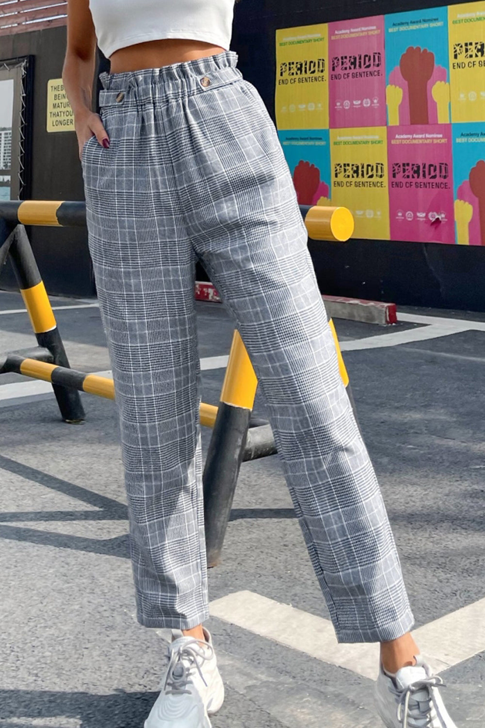 High-Waisted Plaid Straight-Leg Pants