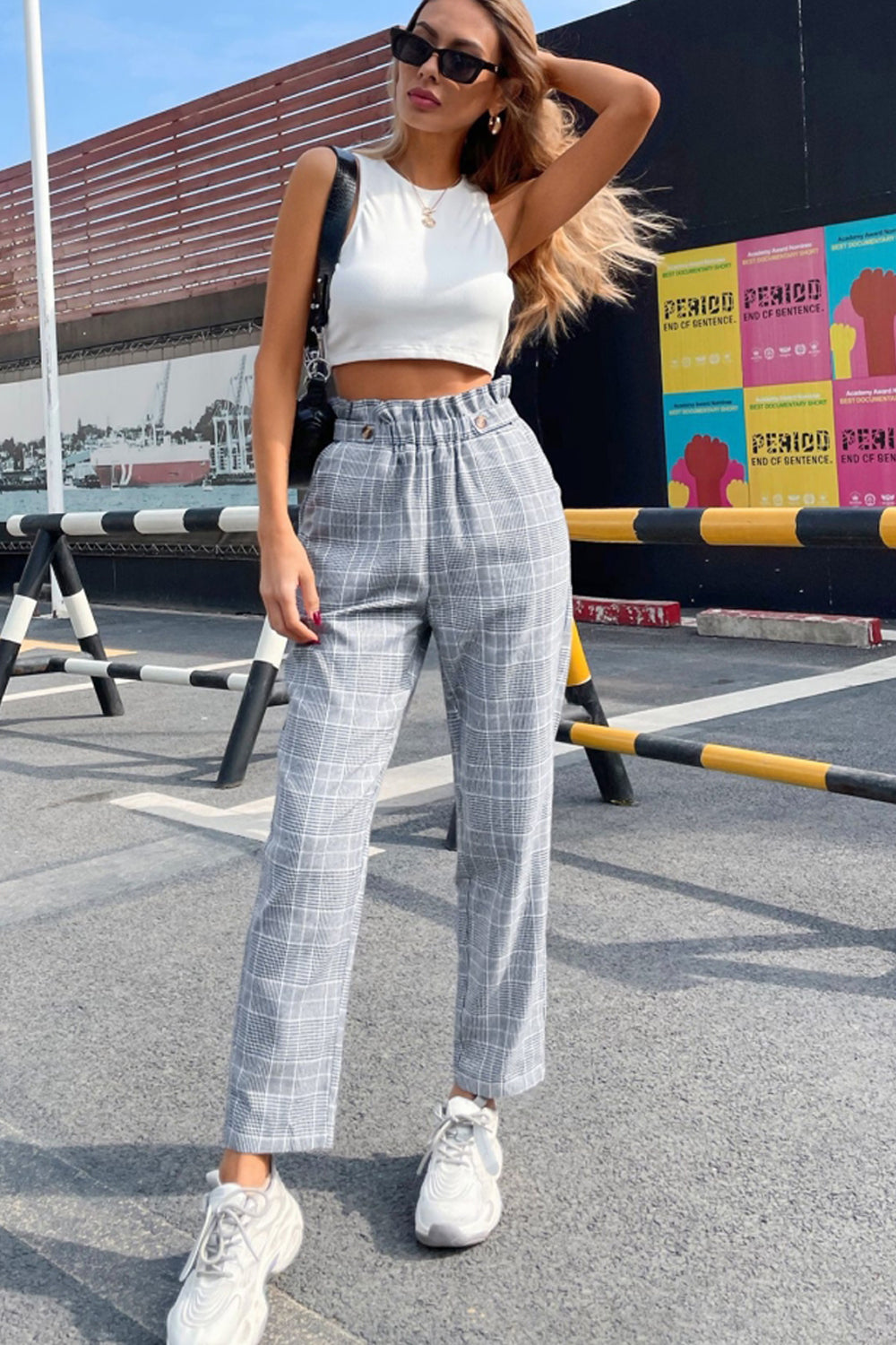 High-Waisted Plaid Straight-Leg Pants