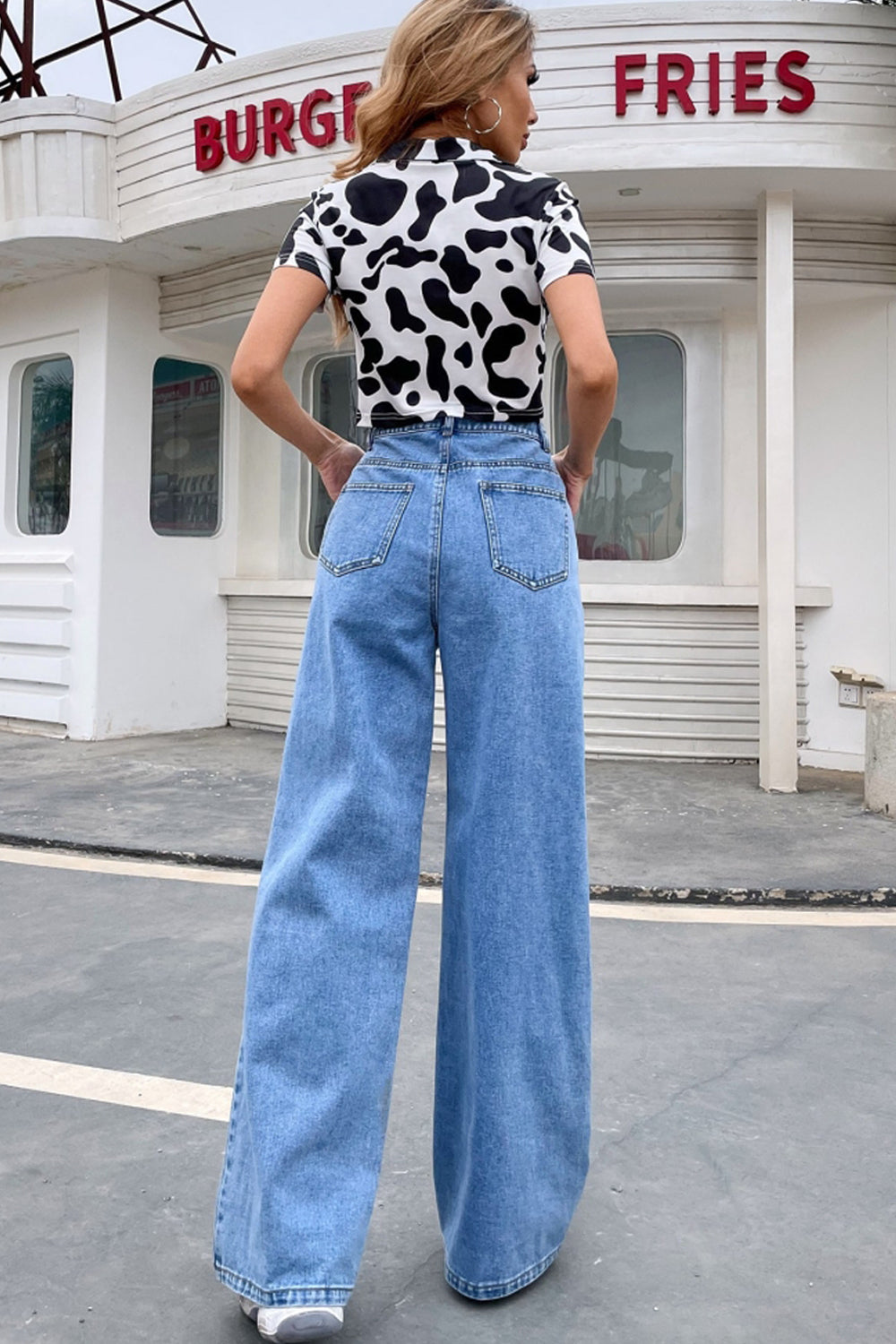 Large Pocket High-Waisted Straight-Leg Jeans