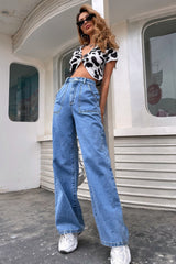 Large Pocket High-Waisted Straight-Leg Jeans