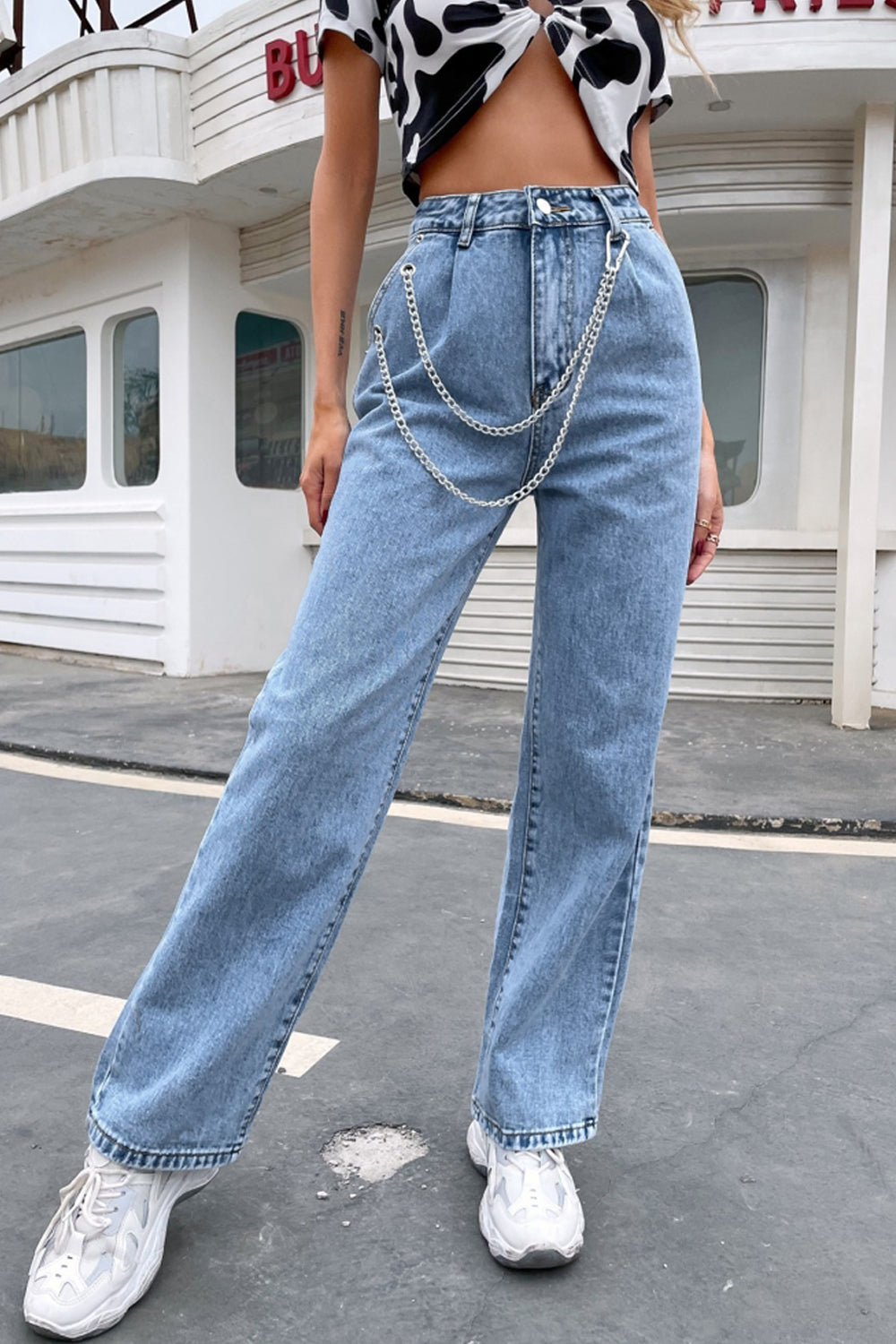 Loose High Waist Chain Straight Trousers