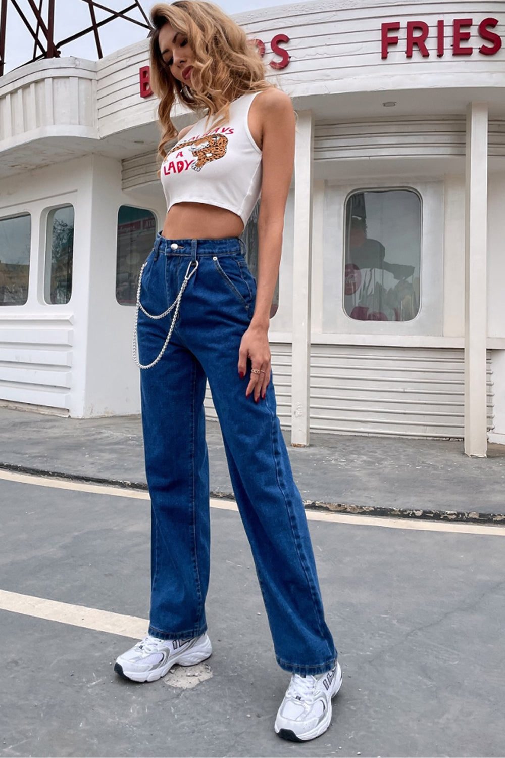 Loose High Waist Chain Straight Trousers