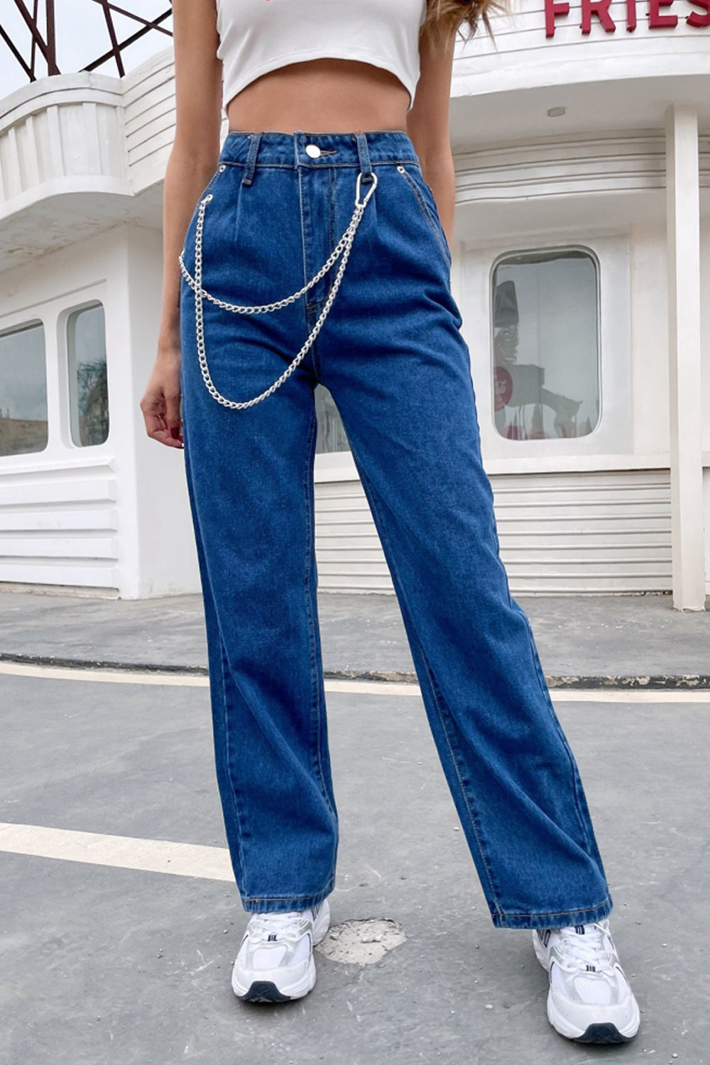 Loose High Waist Chain Straight Trousers