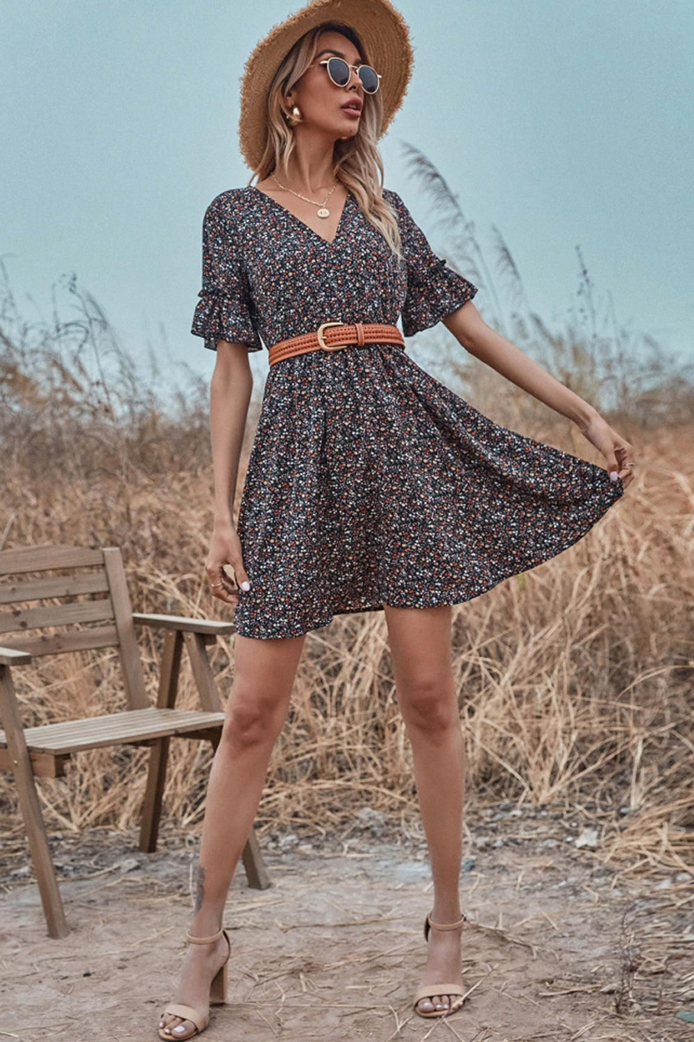 Loose V-neck Floral Dress