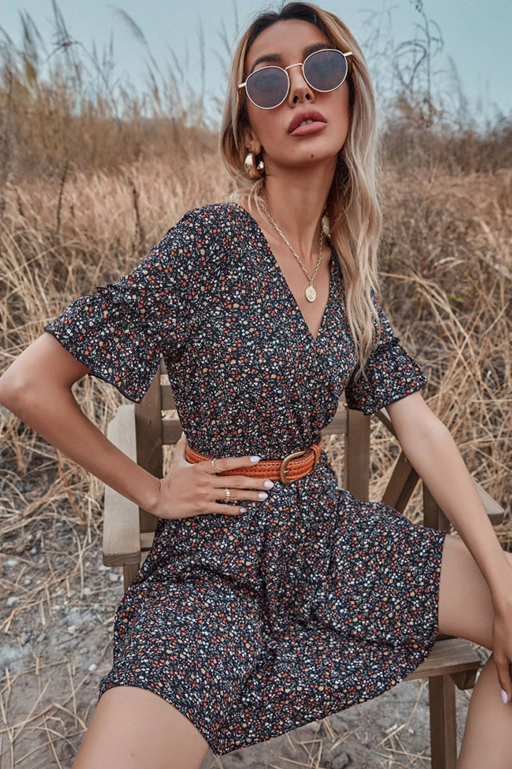 Loose V-neck Floral Dress