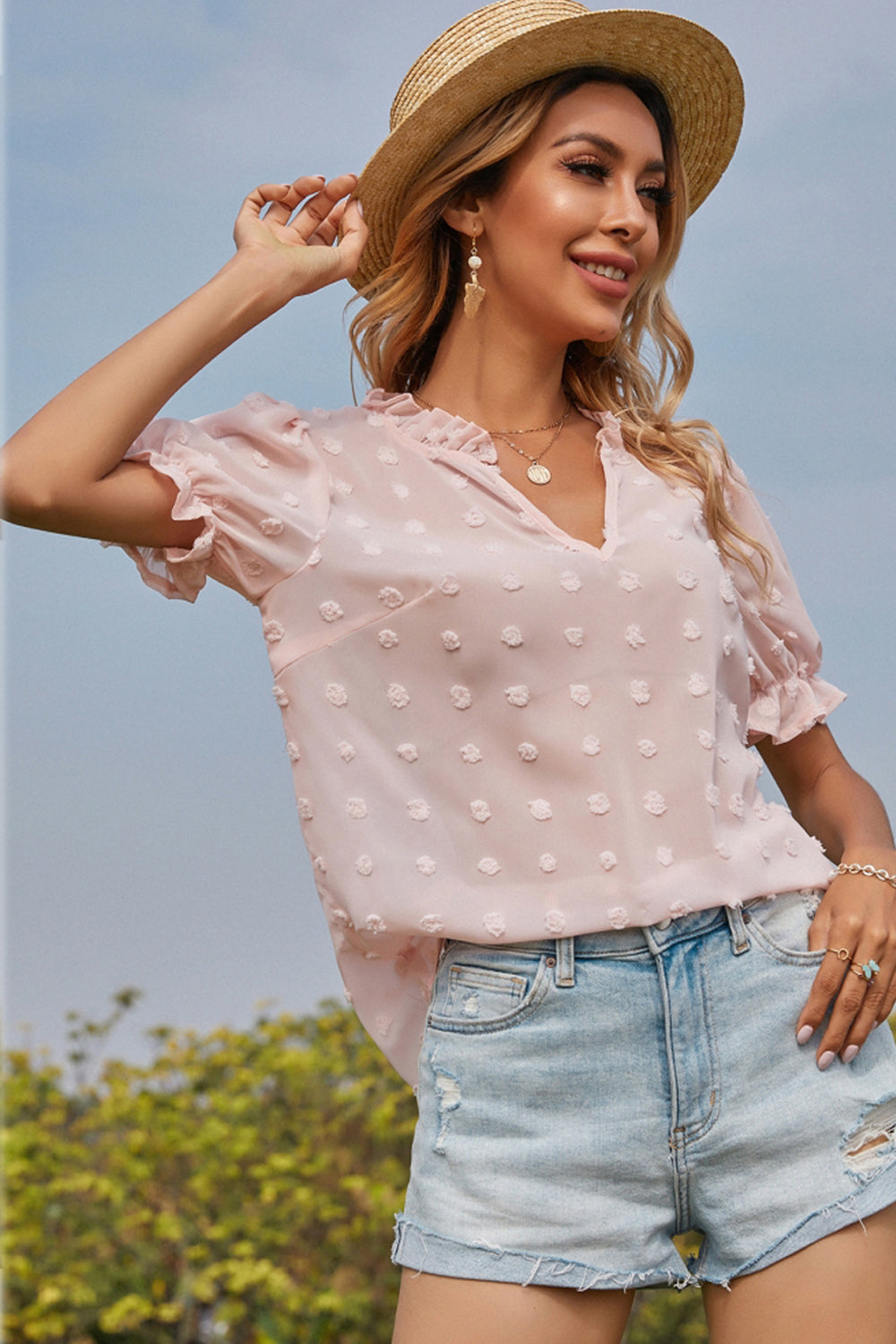 Ruffle V-Neck Short-Sleeved Shirt