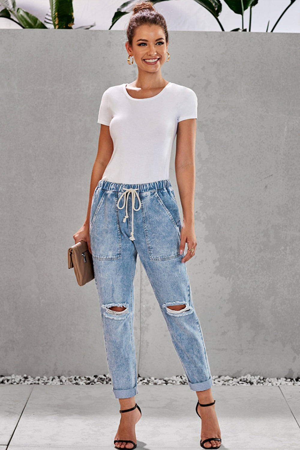 High-Waisted Tie Straight-Leg Ripped Jeans