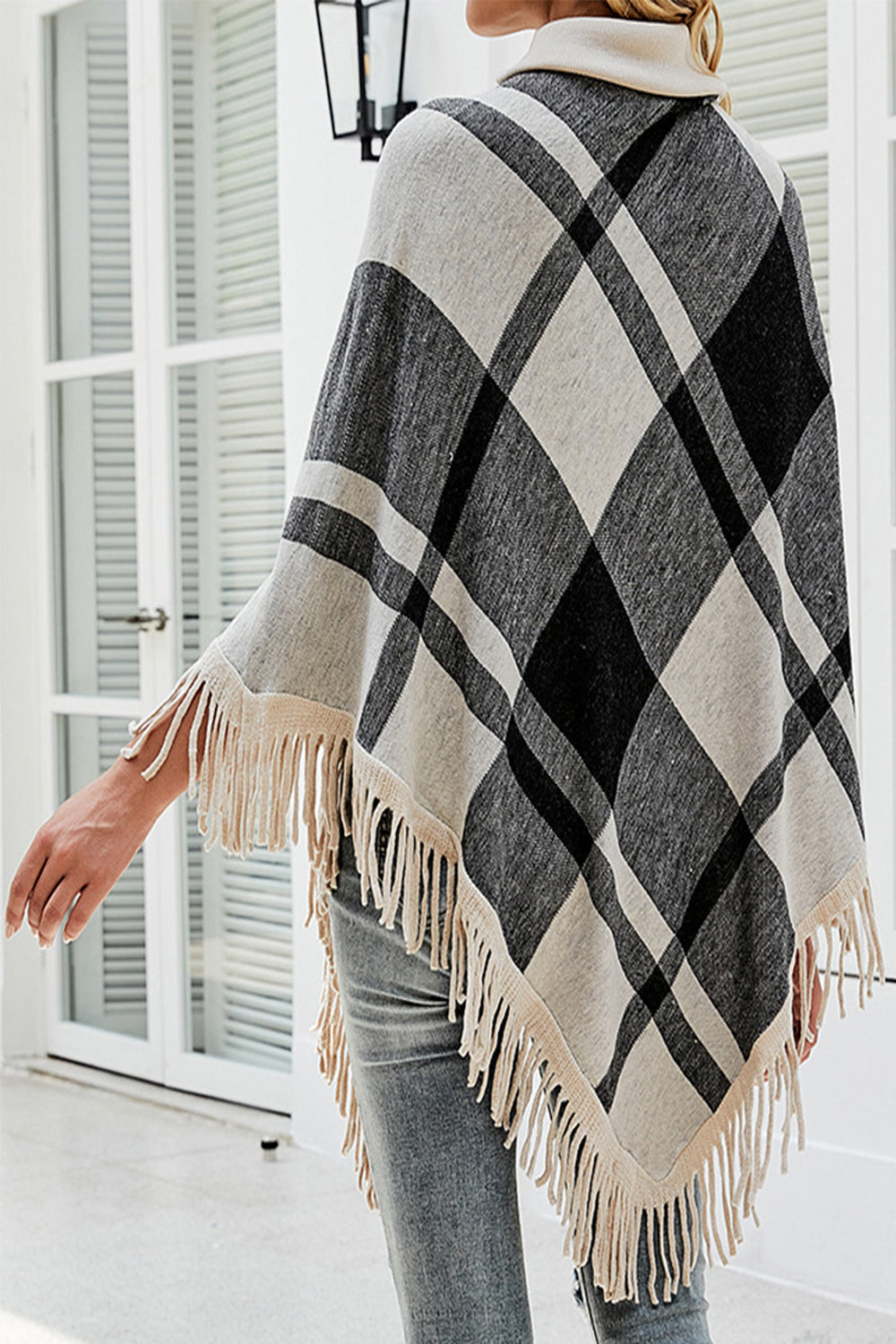 Plain High Neck Tassel Cloak Shawl