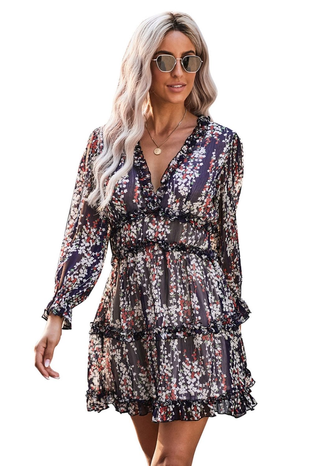 Open Back V-Neck Puff Sleeve Dress