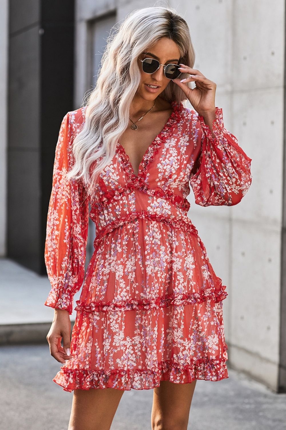 Open Back V-Neck Puff Sleeve Dress