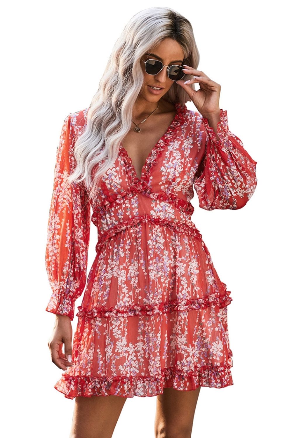 Open Back V-Neck Puff Sleeve Dress