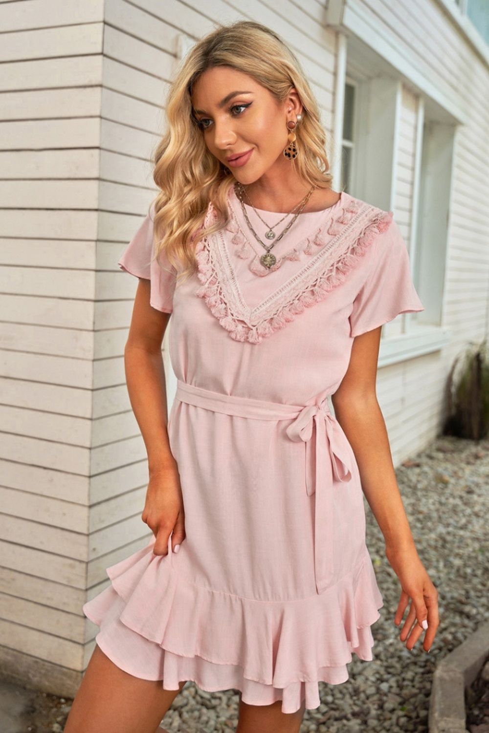 Ruffled Tie Tassel Dress