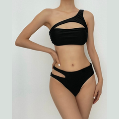 One shoulder solid hollow out bikini swimwear