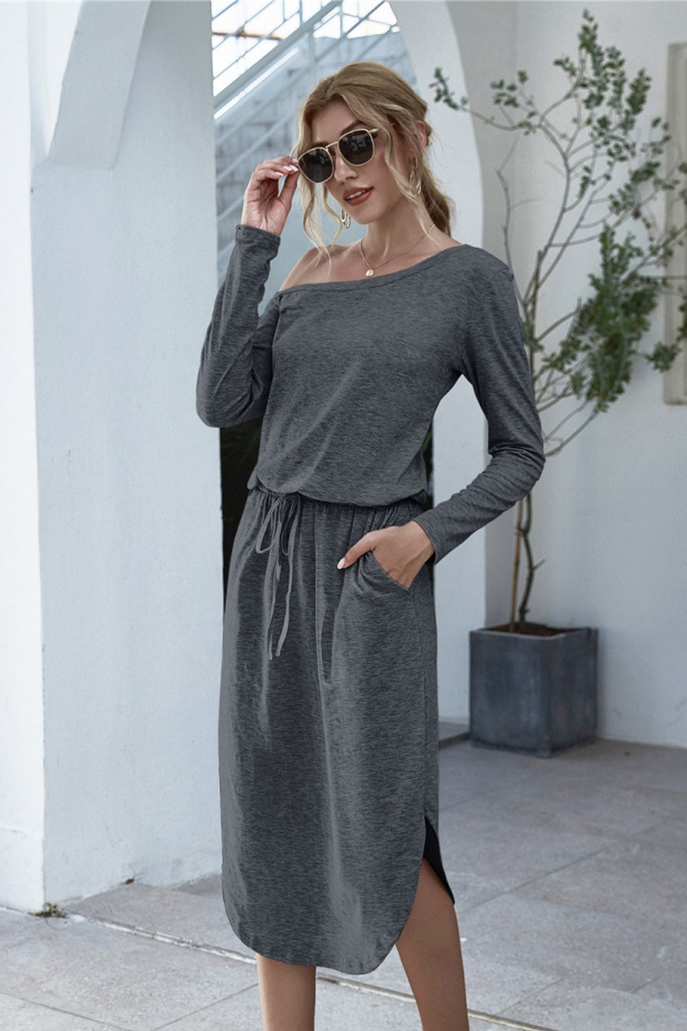 Off Shoulder Lace Up Pocket Slit Dress