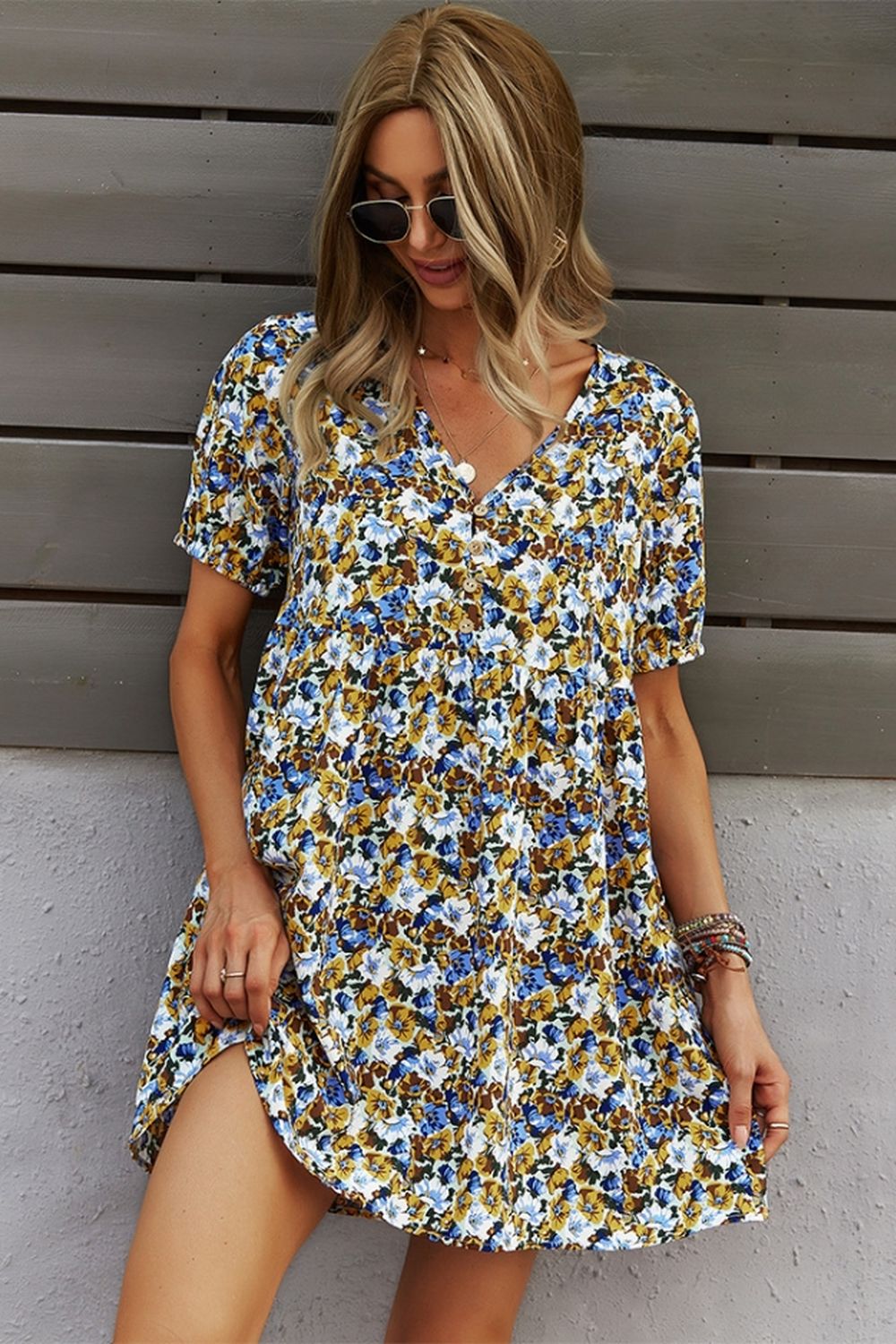 Printed V-Neck A-Line Dress