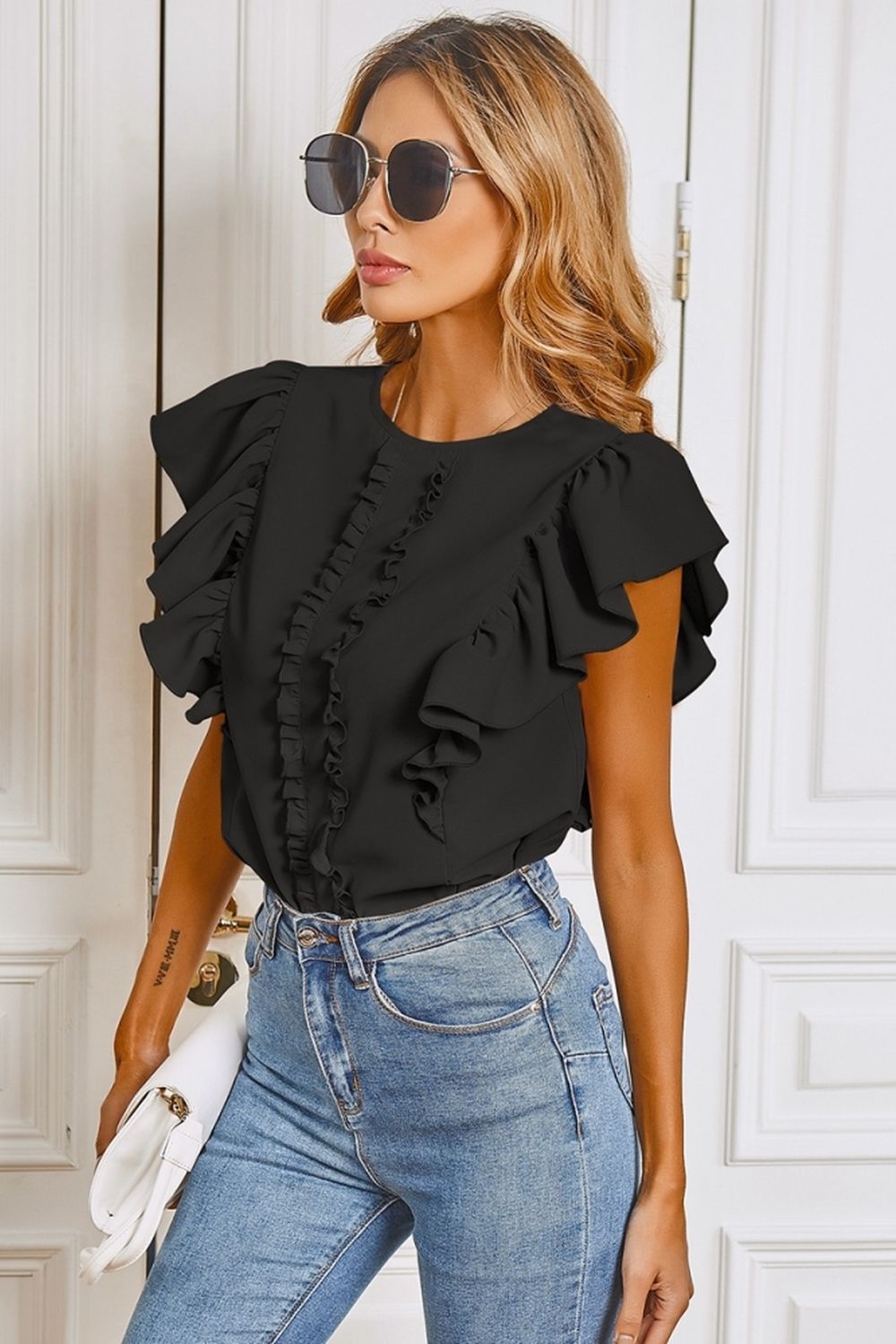 Round Neck Ruffle Shirt