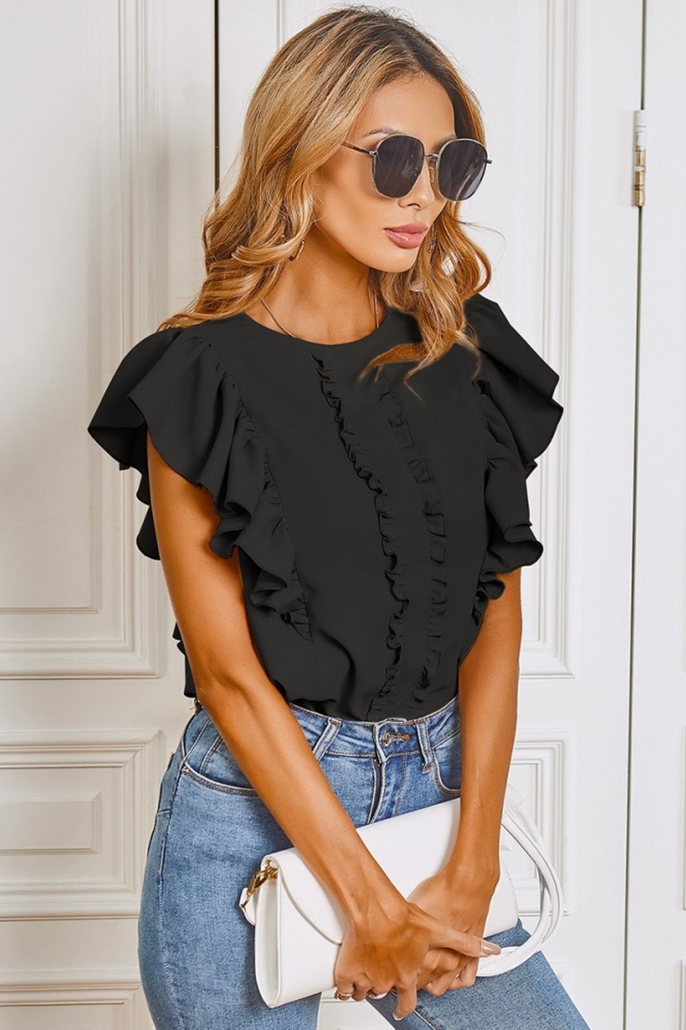 Round Neck Ruffle Shirt