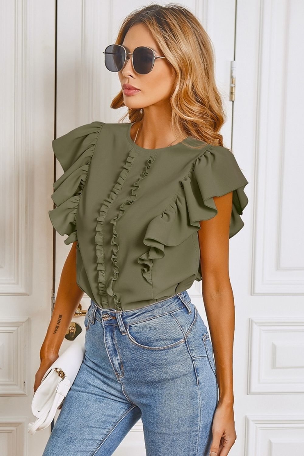 Round Neck Ruffle Shirt