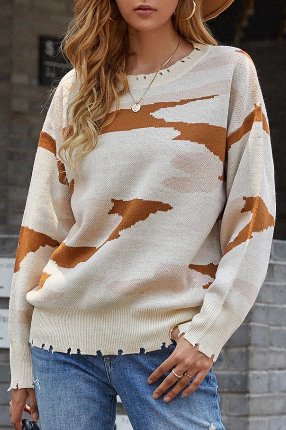 Camouflage Ripped Fringed Sweater
