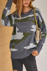 Camouflage Ripped Fringed Sweater
