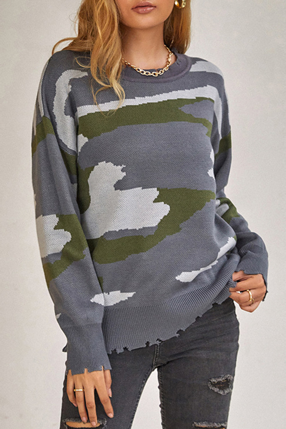 Camouflage Ripped Fringed Sweater