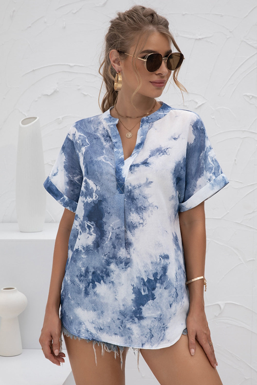 V-Neck Tie-Dye Print Chiffon Shirt