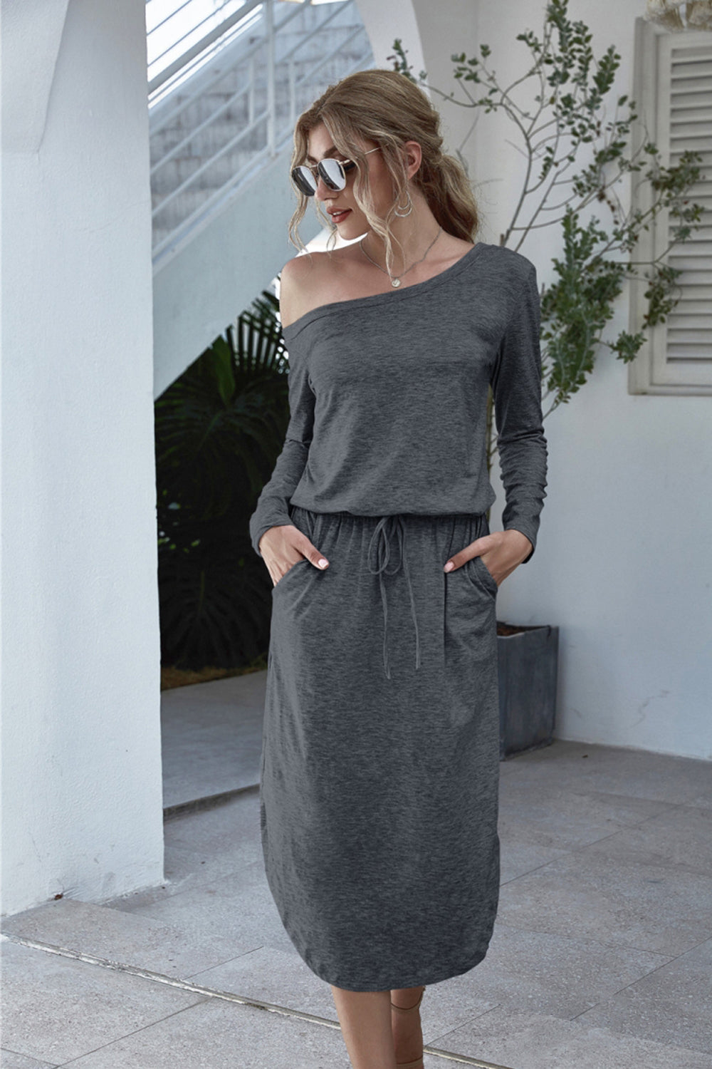 Off Shoulder Lace Up Pocket Slit Dress